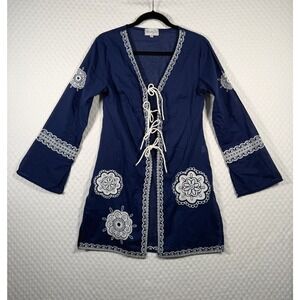 Embroidered Cotton Lace Up Tunic Top Coverup Mud Pie Bag Lady Beach Boho Cottage